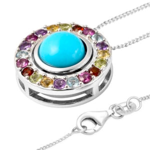 AMERICAN Natural Sleeping Beauty Turquoise and Multi Gemstone Halo Pendant - Picture 5 of 8